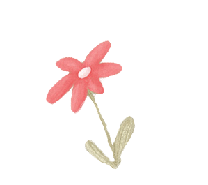 Hand-drawn pink flower with five petals, a white center, green stem, and leaves on a transparent background.